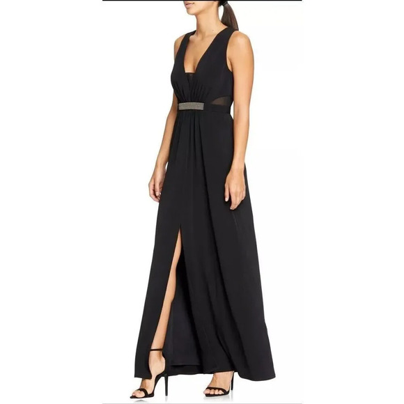 HALSTON HERITAGE NWT Jewel Waist Crepe GOWN Maxi DRESS Size 8 BLACK - Picture 1 of 11